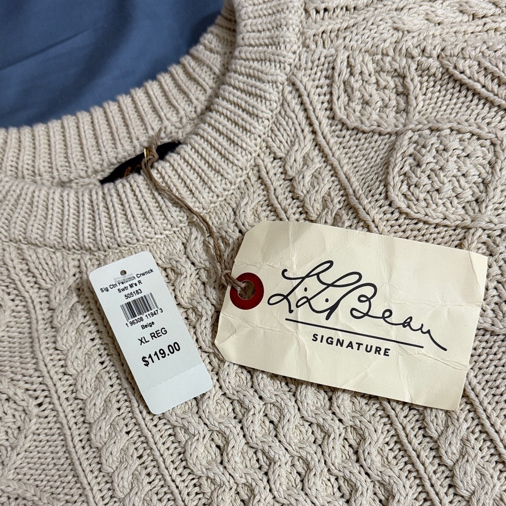 L.L. Bean Cream Cable Knit Crewneck Sweater - Picture 2 of 6